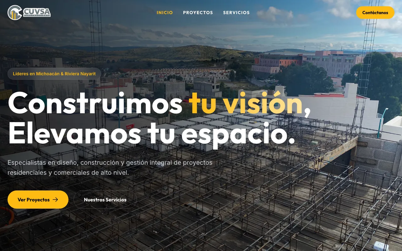 CUVSA website with construction photography, project navigation, and a yellow contact button.