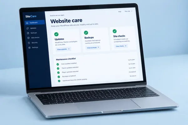 Illustrative WordPress maintenance dashboard on a laptop.