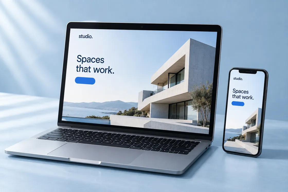 Illustrative studio website displayed on a laptop and phone.
