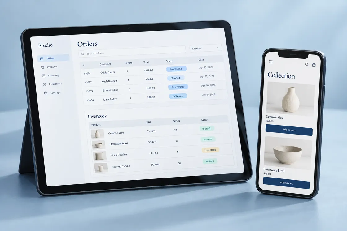 Illustrative ecommerce dashboard and storefront displayed on a tablet and phone.