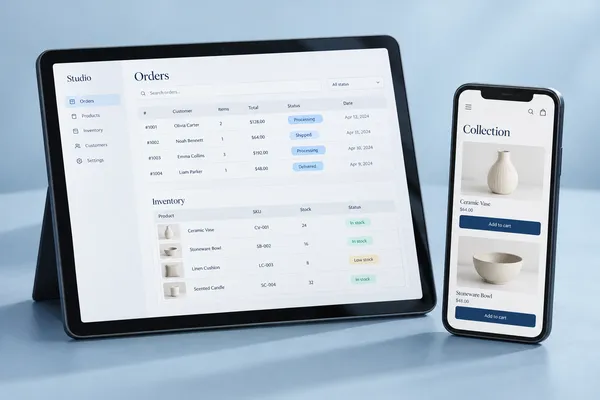 Illustrative ecommerce dashboard and storefront on a tablet and phone.