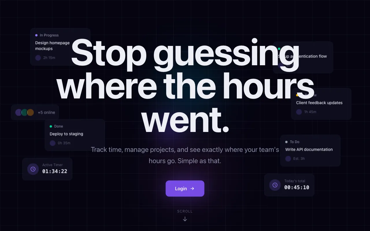 TimeLogic’s public product website introducing project management and time tracking with task and timer previews.